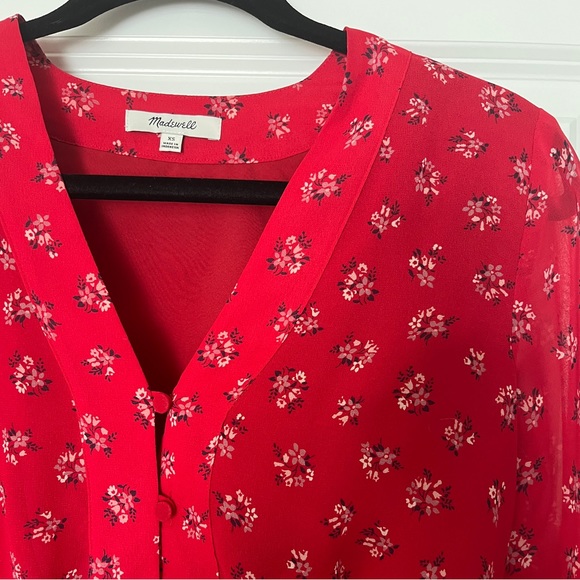 MADEWELL Small Floral Half Button V Neck Long Sleeve Peplum Blouse Red - Picture 3 of 5